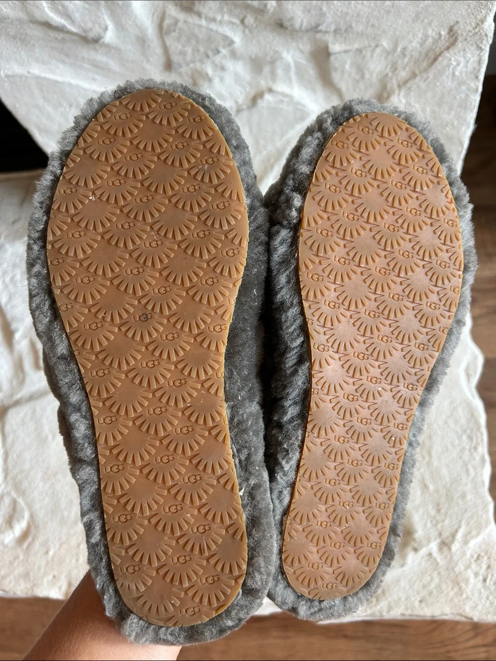 UGG Gray Plush Shearling Slide Sandals with Logo Backstrap